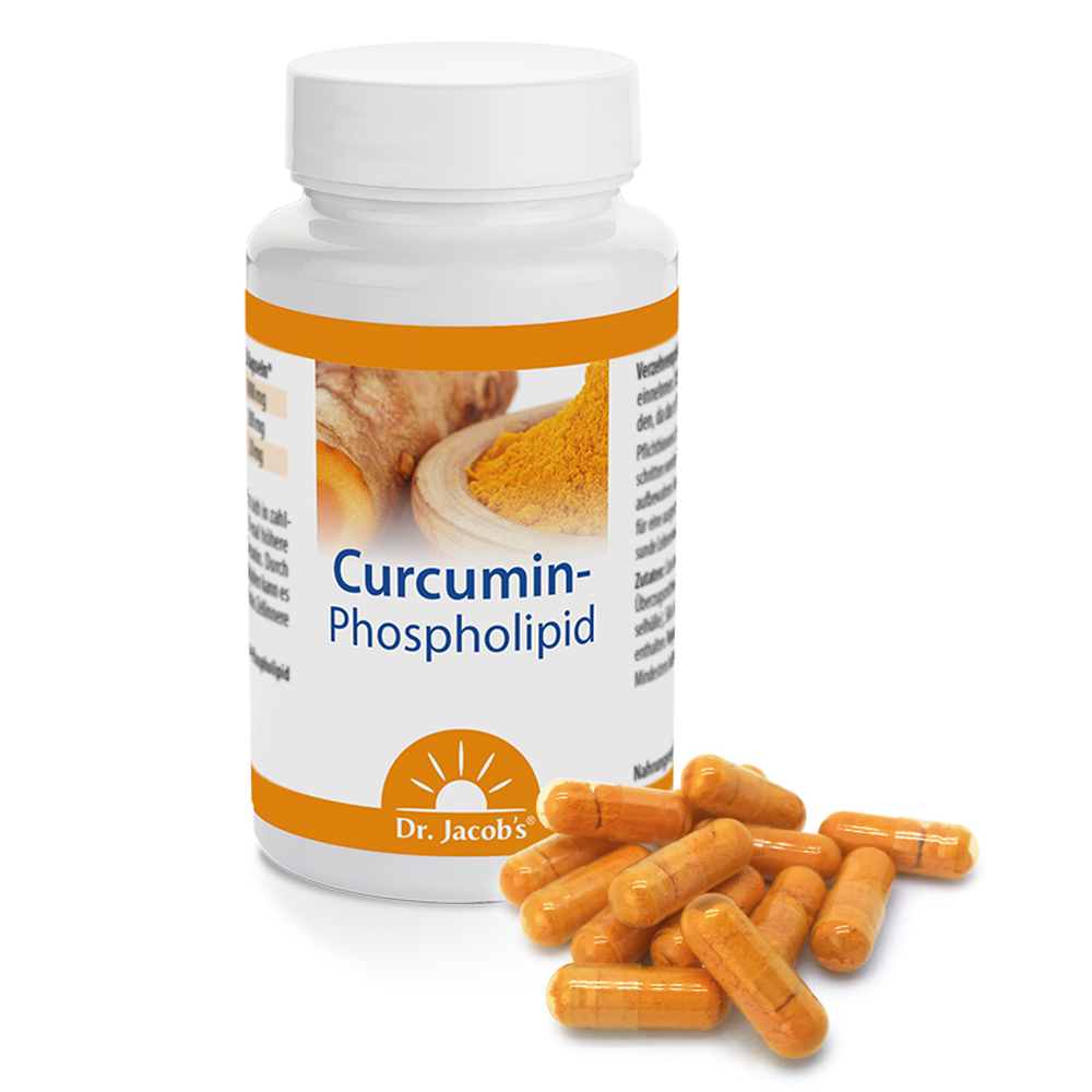 Dr. Jacobs Curcumin-Phospholipid-Ergänzungsmittel in einer weißen Plastikflasche mit einem Etikett mit Kurkumawurzel und -pulver, begleitet von einem kleinen Stapel orangefarbener Kapseln vor dem Behälter.