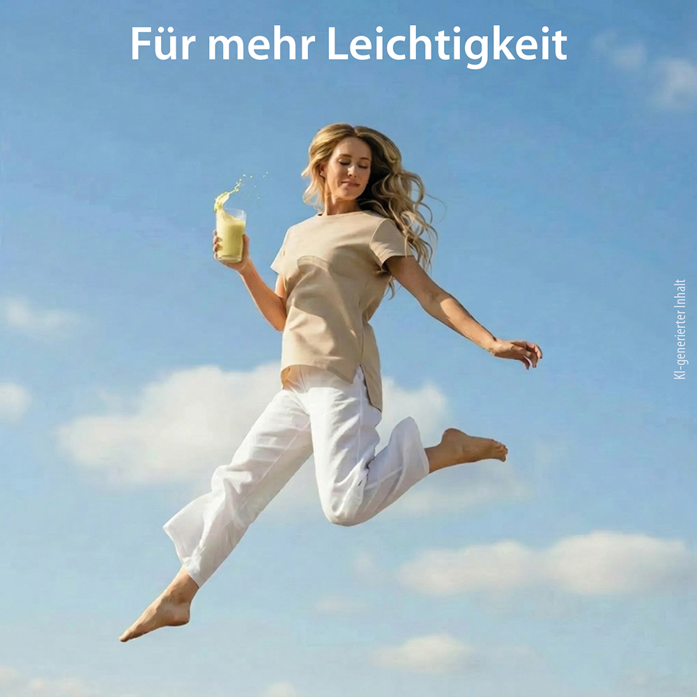 Eine Frau mit langen blonden Haaren springt fröhlich vor einem klaren blauen Himmel und hält ein Glas mit einer gelben Flüssigkeit in der Hand. Der obige Text lautet „Für mehr Leichtigkeit“ und vermittelt ein Gefühl von Vitalität und Wohlbefinden.