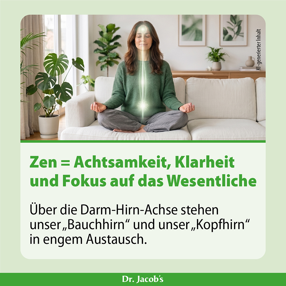 Infografik zu Achtsamkeit und der Darm-Hirn-Achse mit einer meditierenden Person in einem hellen Raum. Text erklärt den Austausch zwischen Bauchhirn und Kopfhirn.