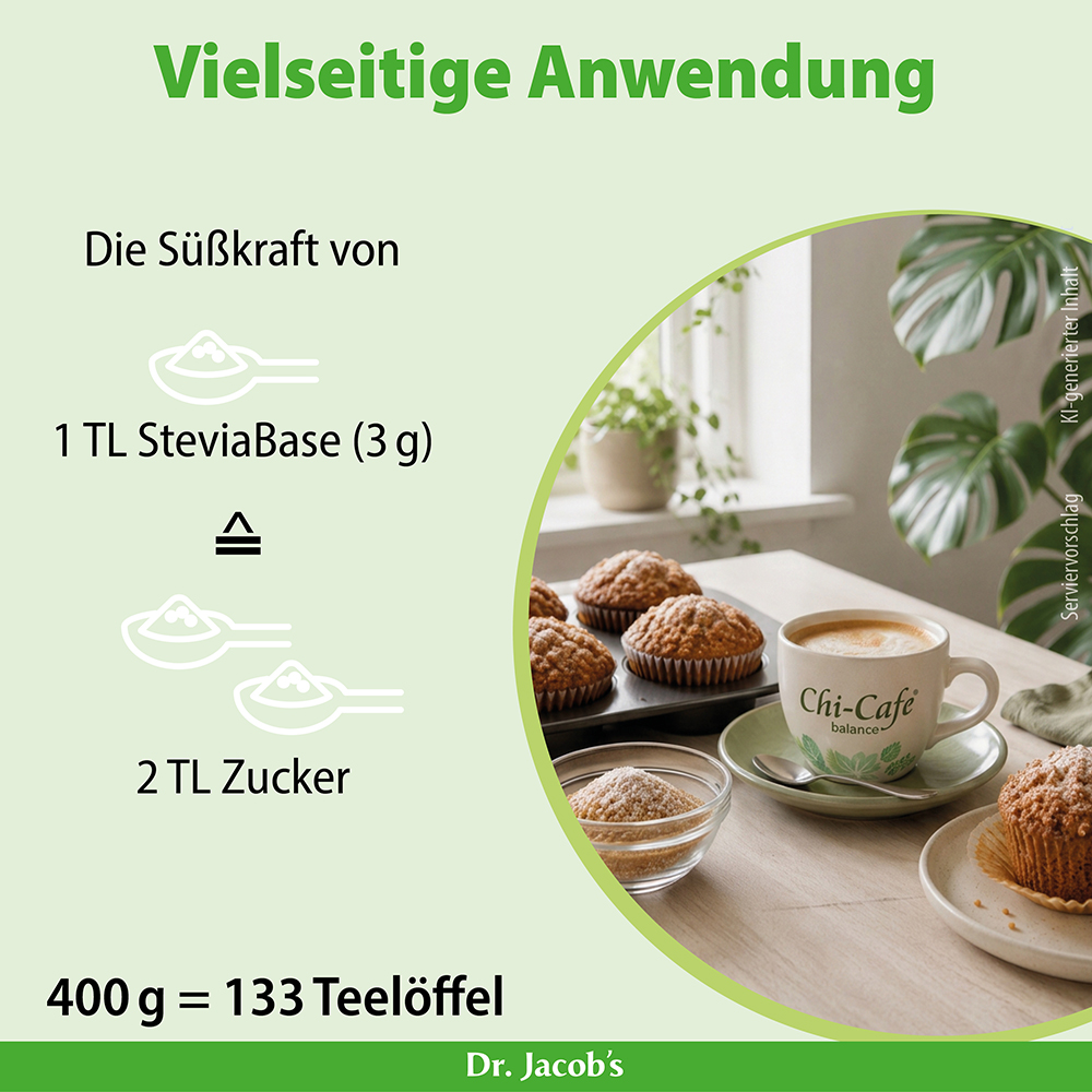 Infografik zur Süßkraft von Dr. Jacob’s SteviaBase: 1 Teelöffel SteviaBase (3 g) entspricht 2 Teelöffel Zucker. Im Text heißt es, dass 400 g 133 Teelöffeln entsprechen. Die rechte Seite zeigt einen Serviervorschlag mit Muffins und Kaffee.
