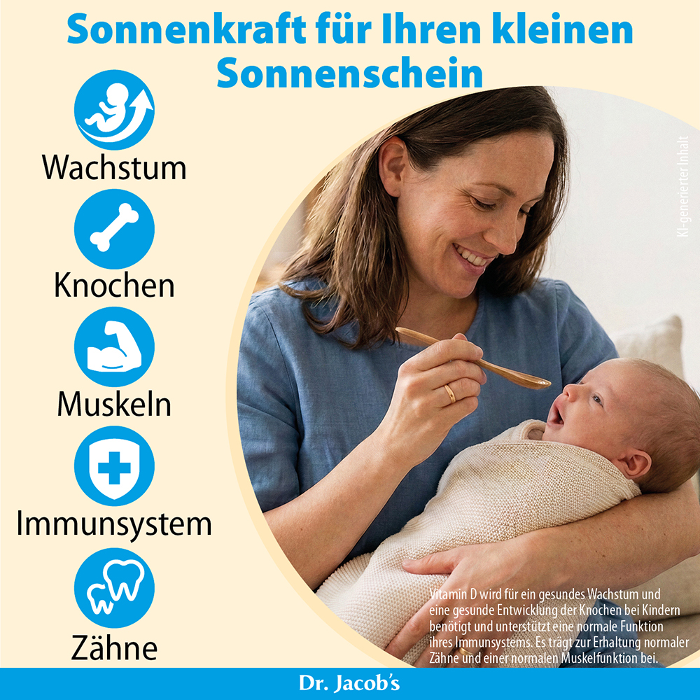Eine Frau hält ein Baby und füttert es mit einem Holzlöffel. Eine Infografik auf der linken Seite listet die Vorteile von Vitamin D für Kinder auf, darunter Wachstum, Knochengesundheit, Muskelfunktion, Unterstützung des Immunsystems und Zahngesundhei