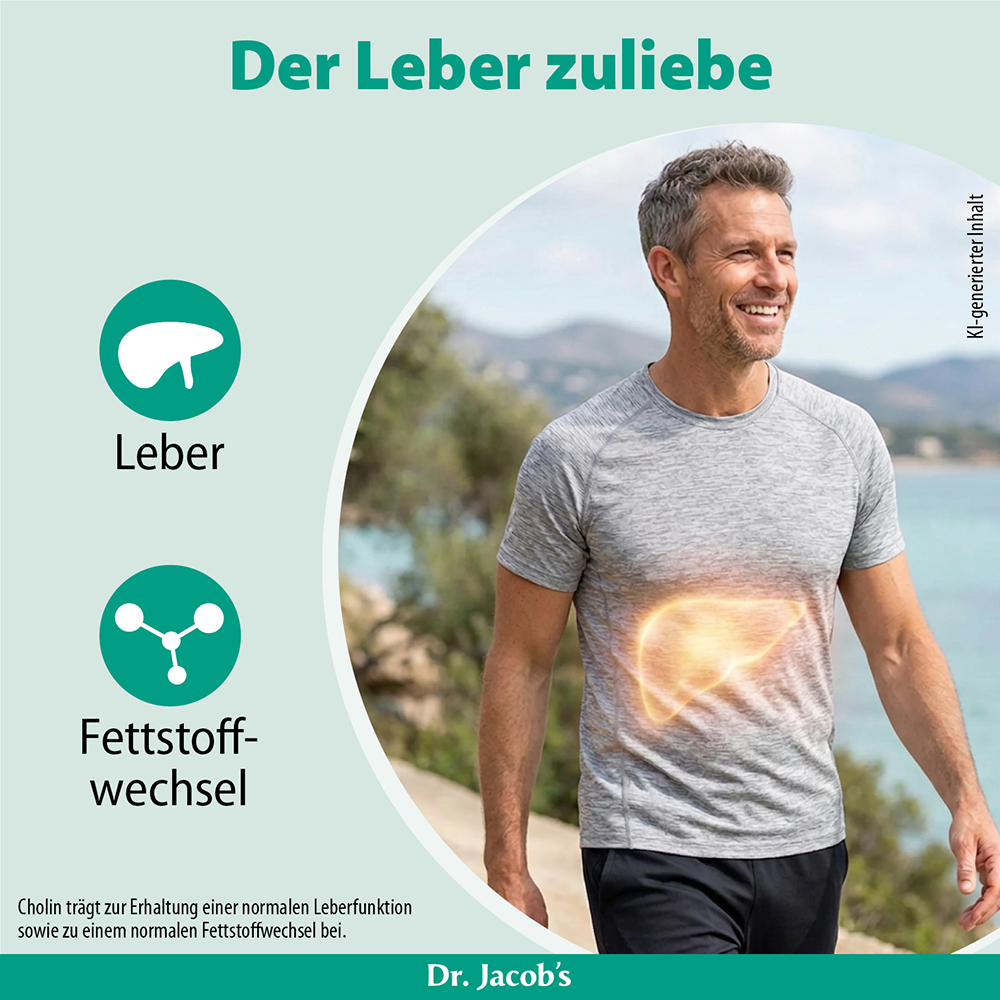 Infografik zu Lebergesundheit mit Fokus auf Cholin für normale Leberfunktion und Fettstoffwechsel. Abgebildet ist ein lächelnder Mann in sportlicher Kleidung, der an einem Küstenweg spaziert.