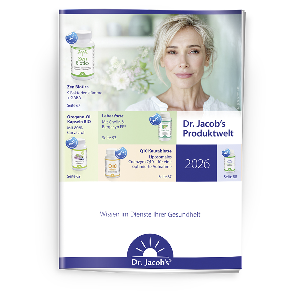 Dr. Jacob’s Produktwelt 2026 mit verschiedenen Nahrungsergänzungsmitteln wie Zen Biotics, Oregano-Öl Kapseln BIO, Leber forte und Q10 Kautabletten. Übersichtliche Darstellung der Produkte mit Seitenzahlen.