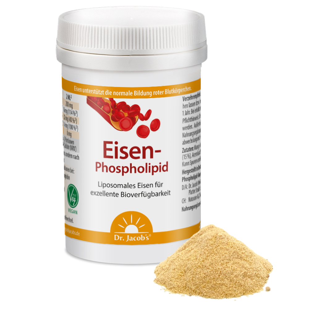 Dr. Jacob’s Eisen-Phospholipid – Liposomales Eisen für exzellente Bioverfügbarkeit, 150 g Dose mit Pulver.
