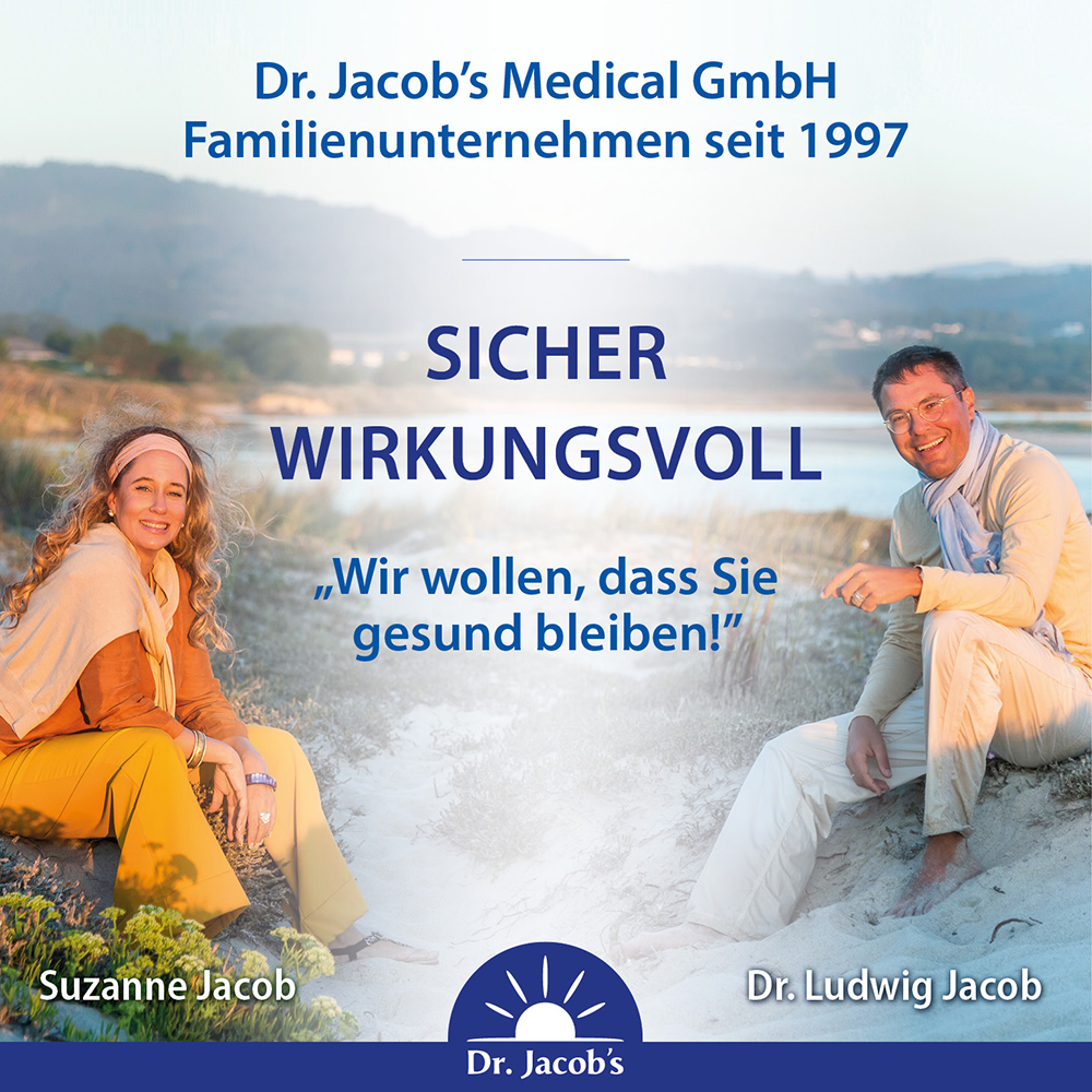 Infografik zu Dr. Jacob’s Medical GmbH, Familienunternehmen seit 1997, mit dem Slogan „Sicher wirksam“ und dem Ziel, Gesundheit zu fördern.