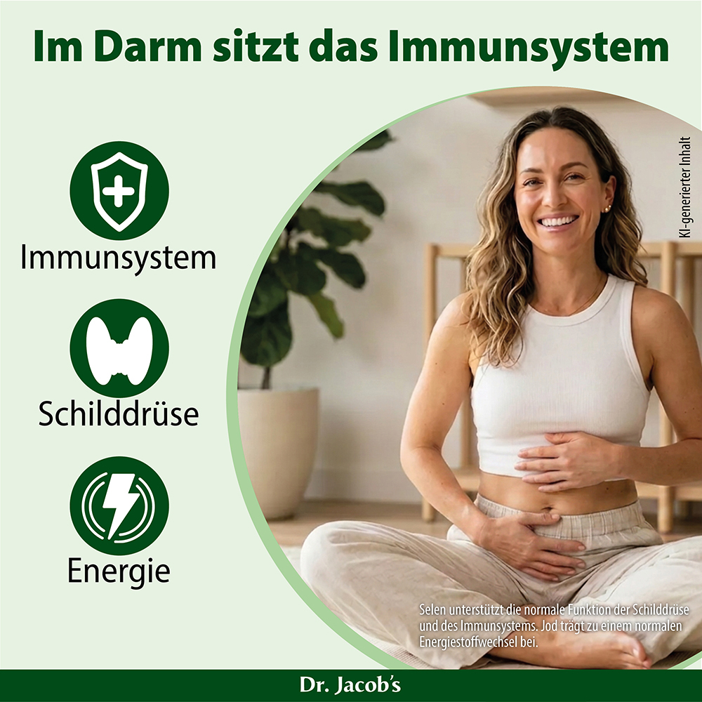 Infografik, die die Bedeutung des Immunsystems, der Schilddrüse und der Energie im Darm hervorhebt, mit einer lächelnden Frau in einem weißen Tanktop, die mit gekreuzten Beinen sitzt und ihren Bauch hält.