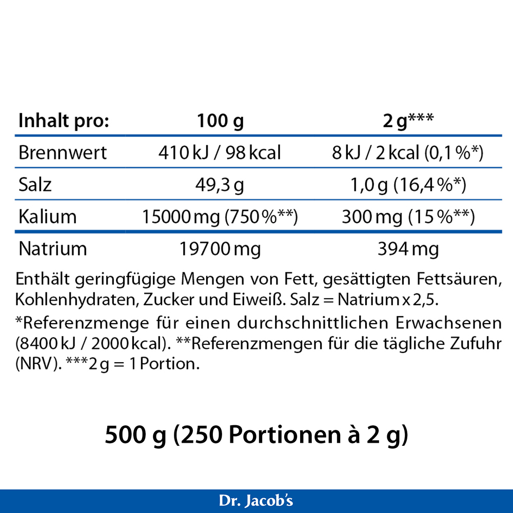 Nährwerttabelle für das Produkt von Dr. Jacob mit Angabe des Energie-, Salz-, Kalium- und Natriumgehalts pro 100 g und pro 2 g Portion. Der Gesamtinhalt beträgt 500 g, also 250 Portionen à 2 g.