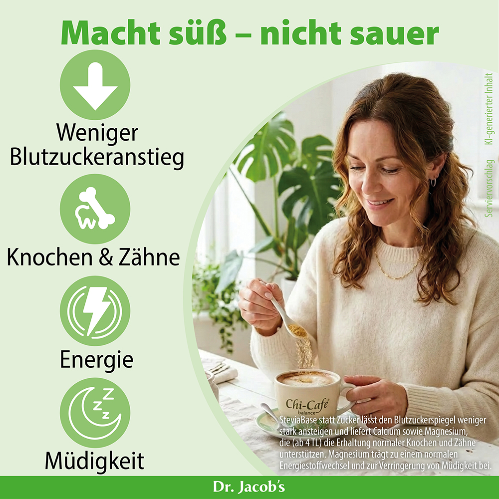 Infografik für Dr. Jacob’s Chi-Cafe Balance, die eine Frau zeigt, die dem Kaffee Pulver hinzufügt. Symbole veranschaulichen Vorteile: geringerer Blutzuckeranstieg, Unterstützung von Knochen und Zähnen, Energiestoffwechsel und Verringerung von Müdigke