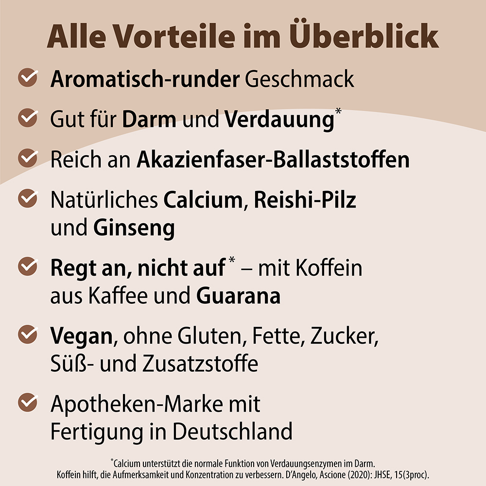 Infografik mit den Vorteilen eines Dr. Jacob's-Produkts: aromatischer Geschmack, unterstützt Darm und Verdauung, reich an Akazienfasern, enthält Kalzium, Reishi und Ginseng, liefert Koffein aus Kaffee und Guarana, vegan und in Deutschland hergestellt