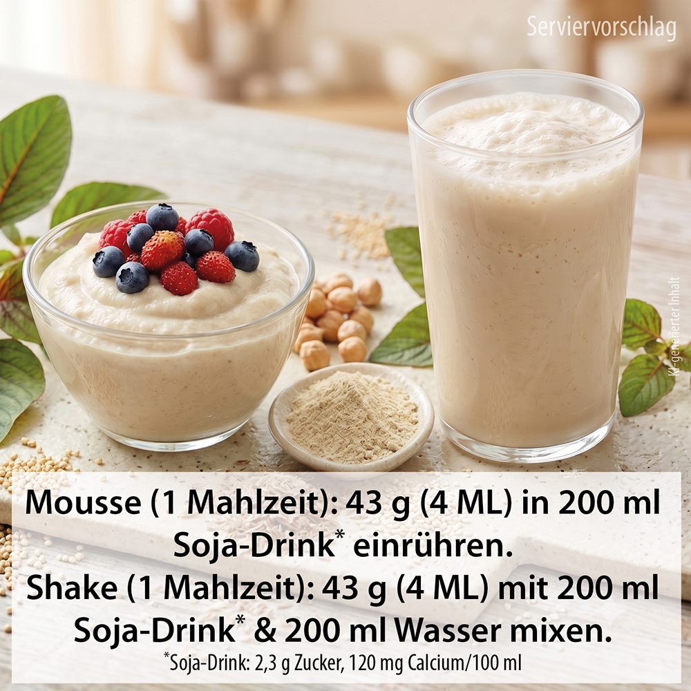 Serviervorschlag für Dr. Jacob’s Mahlzeitenersatz: eine Schüssel Mousse mit Beeren und ein Glas Shake, dazu ein kleines Schälchen Pulver und Haselnüsse, mit Zubereitungsanleitung für Mousse und Shake mit Sojadrink und Wasser.