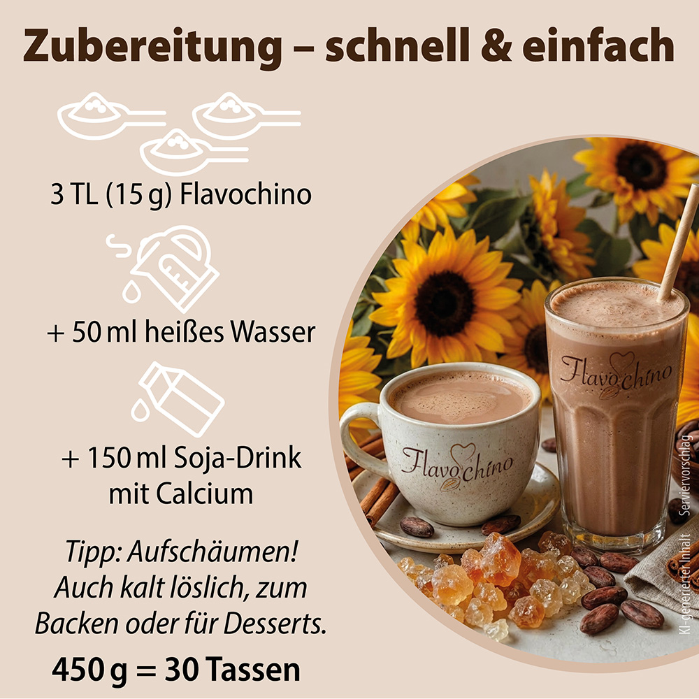 Infografik zur Zubereitung von Dr. Jacob’s Flavochino: 3 Teelöffel (15 g) Pulver mit 50 ml heißem Wasser und 150 ml Sojadrink mit Kalzium vermischen. Enthält einen Serviervorschlag mit einer Tasse und einem Glas Kakaogetränk neben Sonnenblumen.