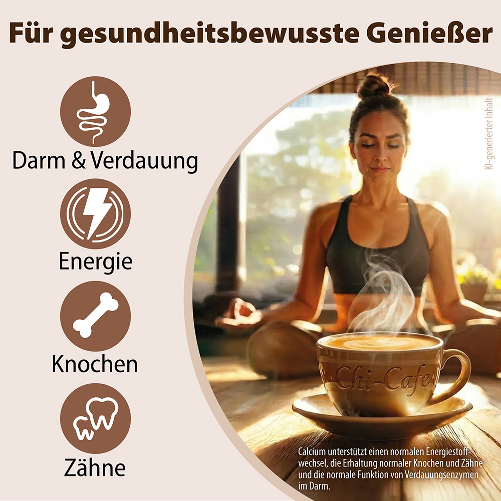 Infografik für Dr. Jacob’s Chi-Cafe, die eine meditierende Frau neben einer Tasse Kaffee zeigt. Symbole und Texte verdeutlichen die Vorteile für die Verdauung, den Energiestoffwechsel, die Knochen und die Zähne, unterstützt durch Kalzium.