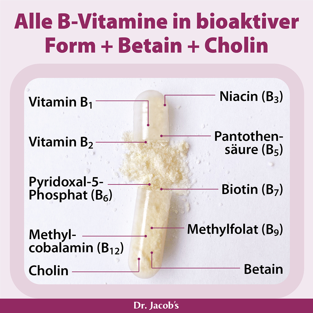 Infografik mit detaillierten Informationen zu allen B-Vitaminen in bioaktiver Form, einschließlich Vitamin B1, B2, B3, B5, B6, B7, B9, B12 sowie Betain und Cholin, präsentiert mit einer Kapsel und einem Pulver.