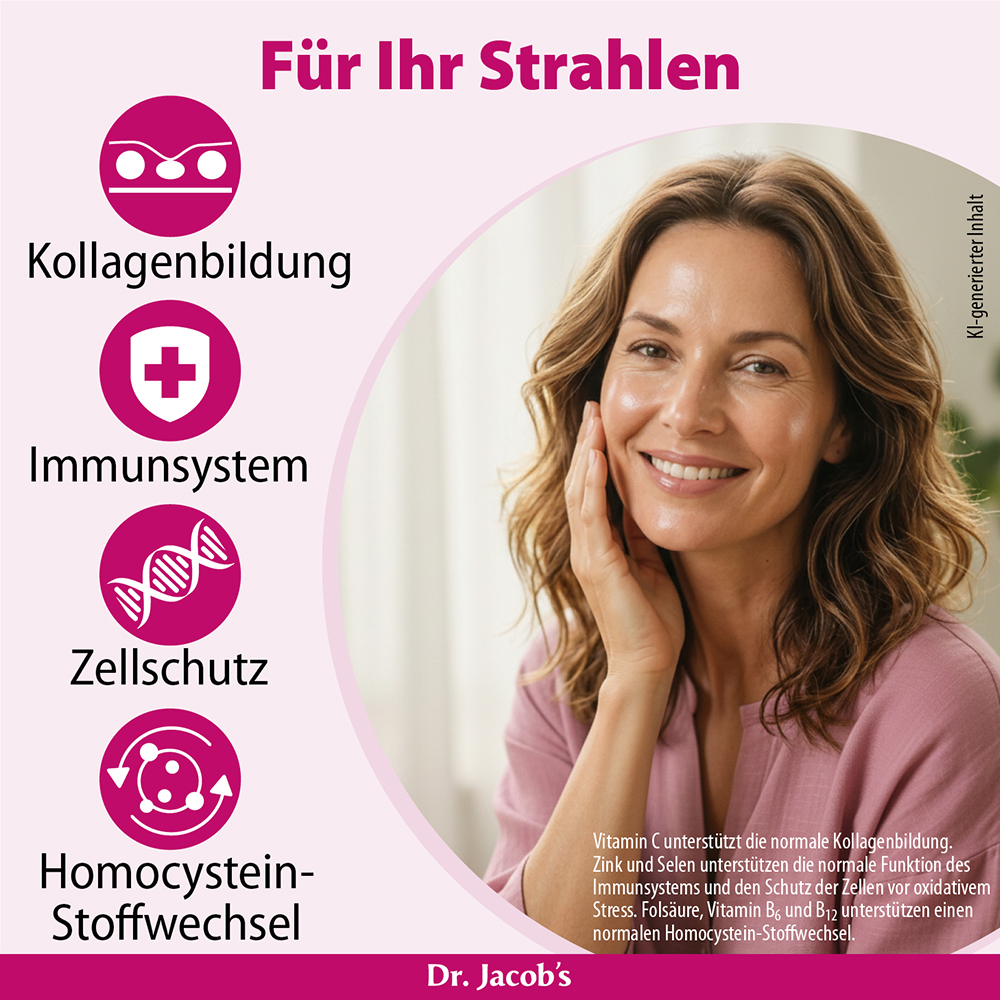 Infografik, die Vorteile wie Kollagenbildung, Unterstützung des Immunsystems, Zellschutz und Homocysteinstoffwechsel hervorhebt, mit einer lächelnden Frau, die ihr Gesicht berührt.