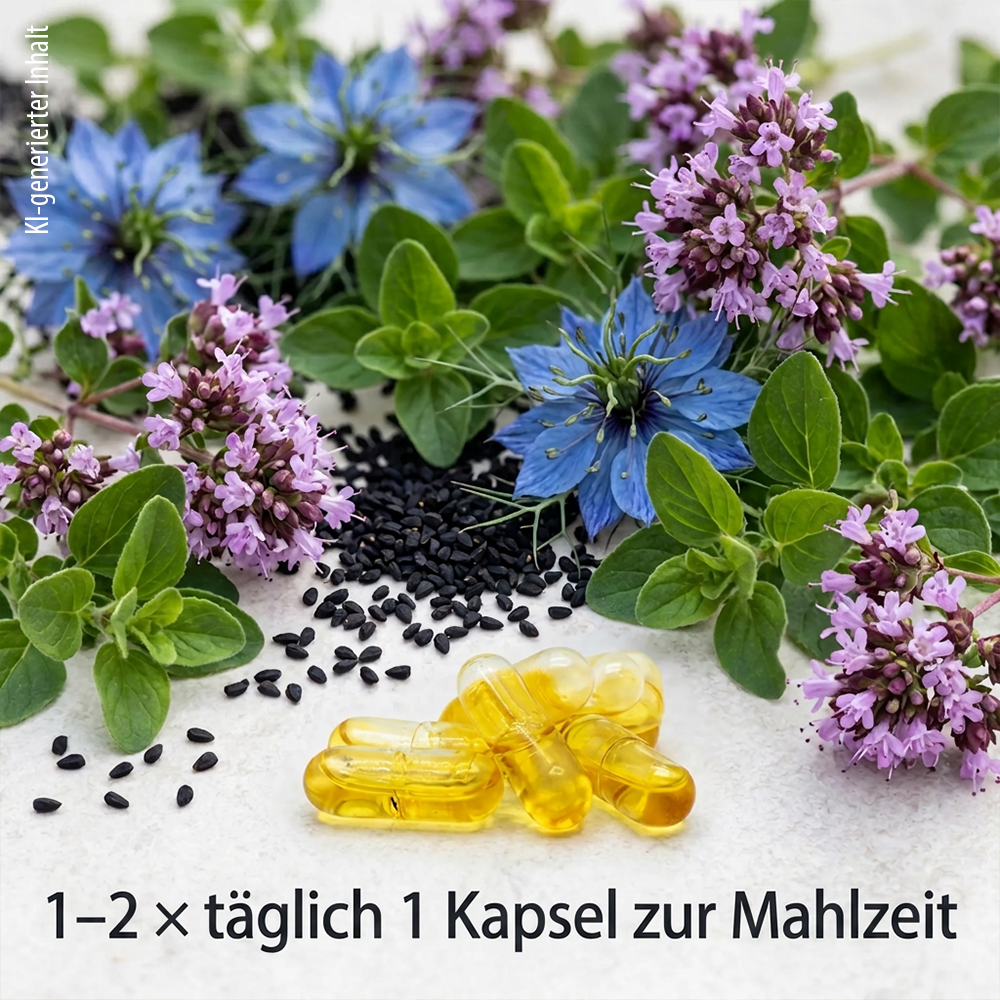 Gelbe Kapseln auf einer hellen Unterlage, umgeben von Schwarzkümmelsamen, blauen Schwarzkümmelblüten und violetten Oreganoblüten, mit dem Text „1–2 x täglich 1 Kapsel zur Mahlzeit“ unten.