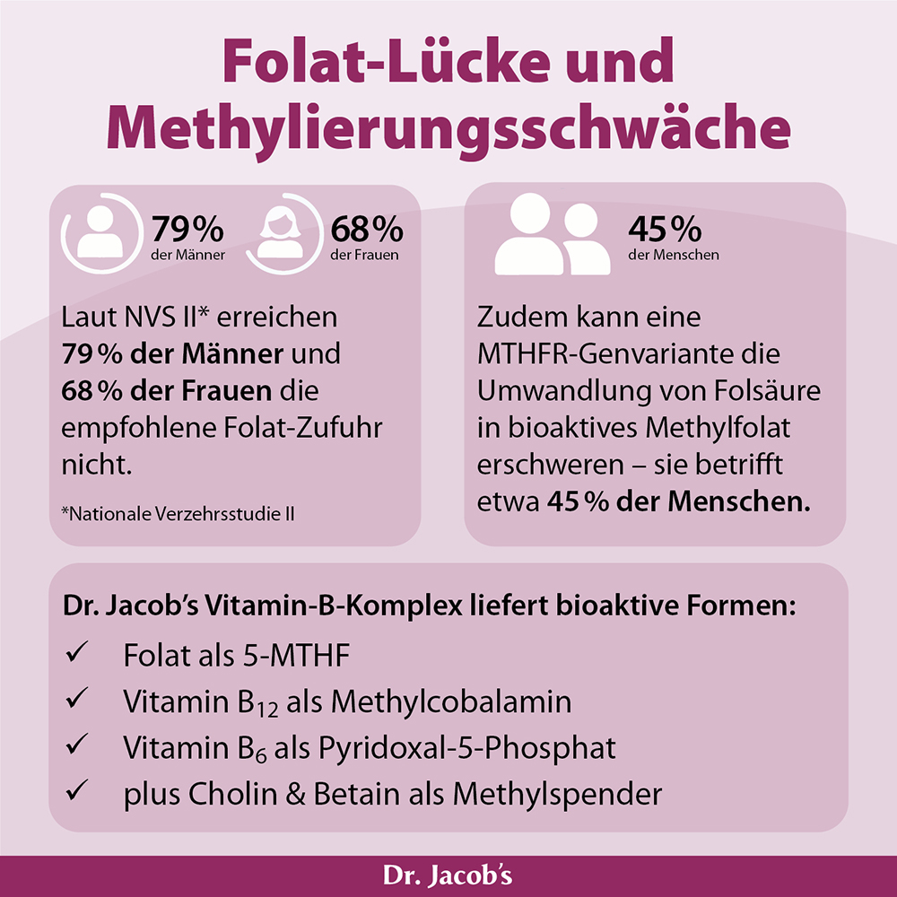 Infografik zu Folatmangel und Methylierungsschwächen, die Statistiken zur Folataufnahme bei Männern und Frauen sowie die Rolle des Vitamin-B-Komplexes von Dr. Jacob bei der Bereitstellung bioaktiver Formen von Folat hervorhebt.