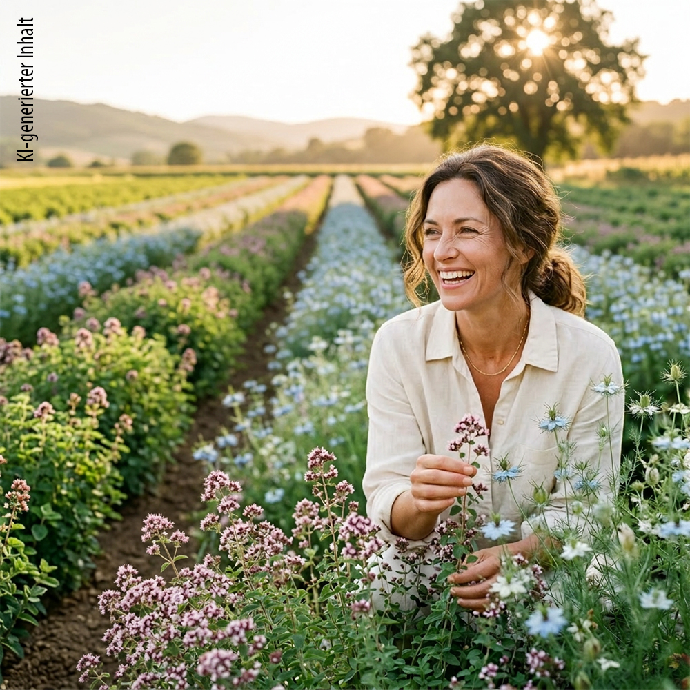 Eine lächelnde Frau in einem hellen Leinenhemd kniet bei Sonnenuntergang auf einem Feld voller blühender Kräuter und Blumen und berührt sanft die Pflanzen in einer natürlichen Umgebung im Freien.