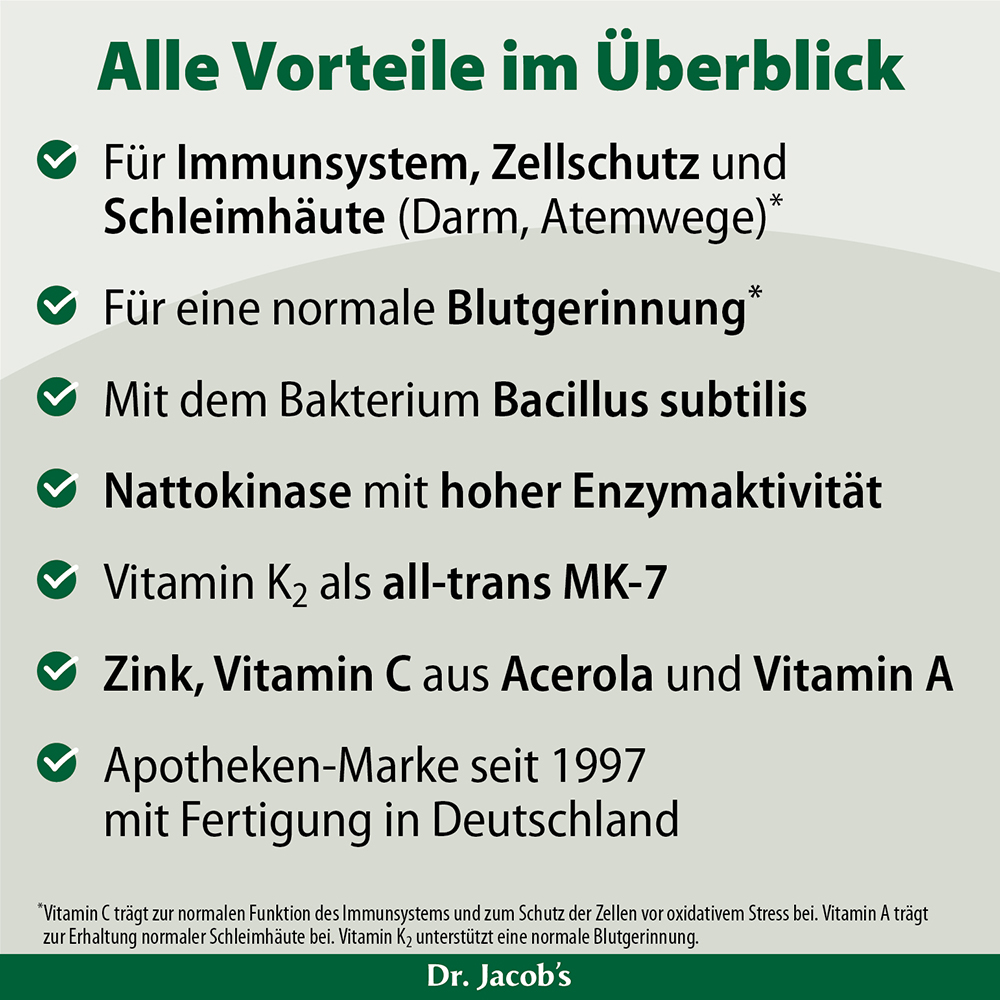 Infografik, die die Vorteile der Produkte von Dr. Jacob zusammenfasst und die Unterstützung des Immunsystems, die normale Blutgerinnung und wichtige Inhaltsstoffe wie Bacillus subtilis und Nattokinase hervorhebt.