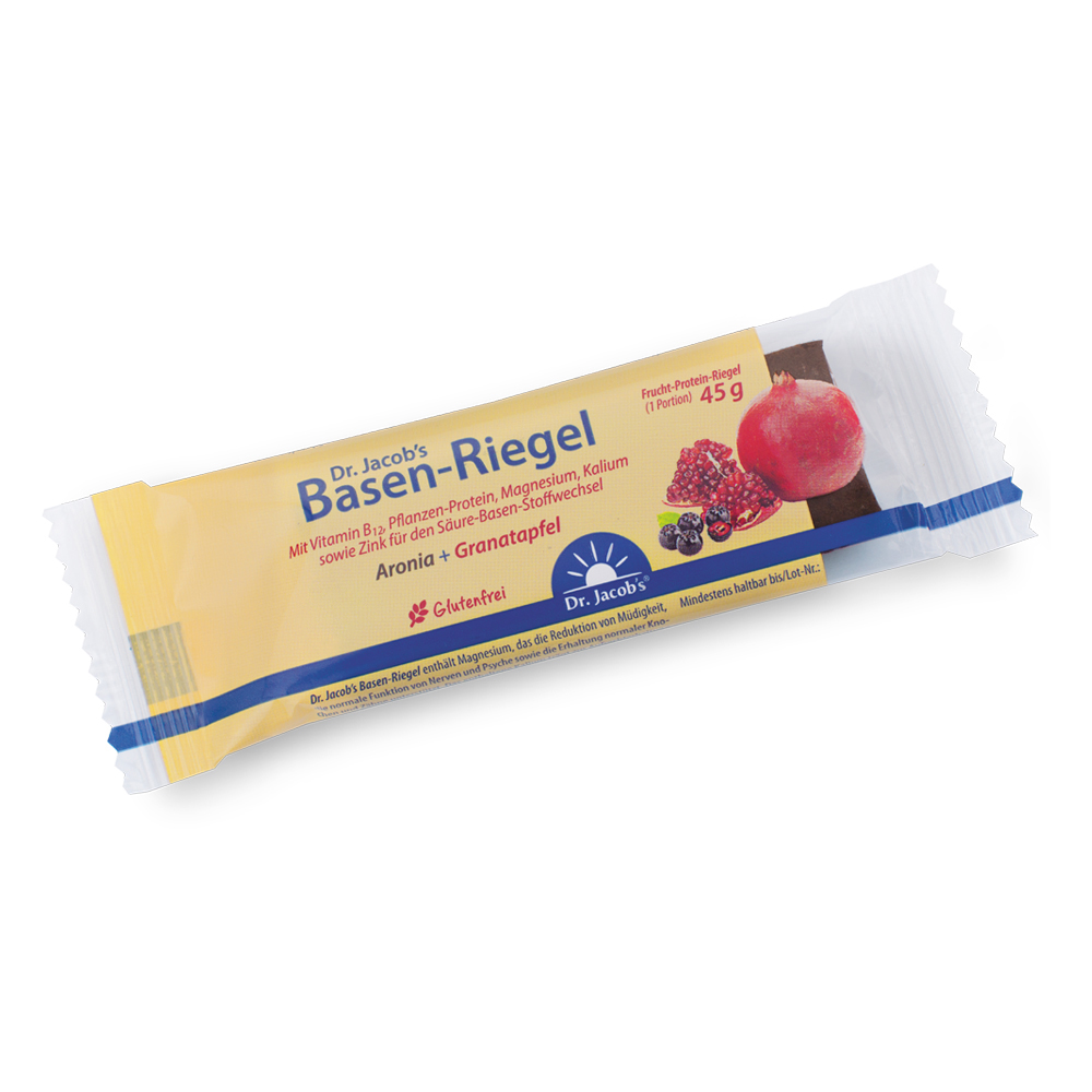 Dr. Jacob’s Basen-Riegel Aronia + Granatapfel, ein glutenfreier Fruchtproteinriegel mit 45g Inhalt, mit Abbildungen von Granatapfel- und Aroniabeeren auf der Verpackung.