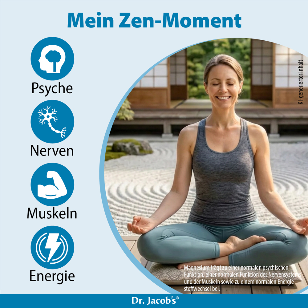 Infografik zu den Vorteilen von Magnesium für Psyche, Nerven, Muskeln und Energie. Eine Person meditiert in einem Zen-Garten.