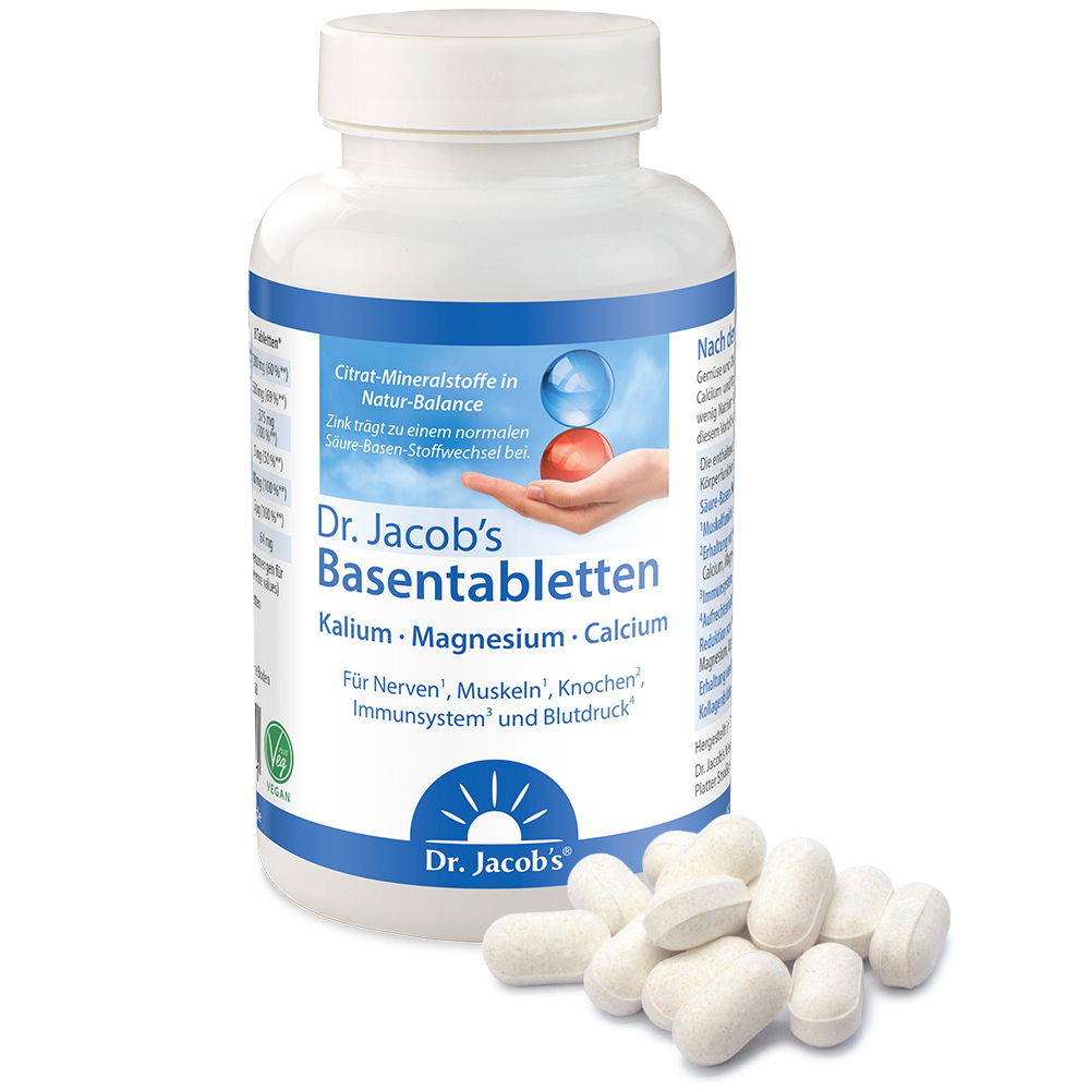 Dr. Jacob’s Basentabletten – Tabletten, 120 Stück. Enthält Kalium, Magnesium und Calcium zur Unterstützung des Säure-Basen-Haushalts.