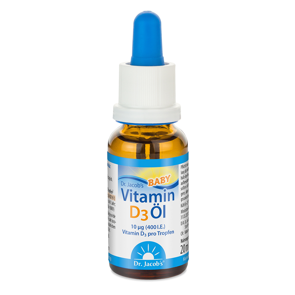 Dr. Jacob’s Baby Vitamin D3 Öl in einer Tropfflasche aus braunem Glas, 20 ml. Auf dem Etikett sind 10 µg (400 I.E.) Vitamin D3 pro Tropfen angegeben, das als Nahrungsergänzungsmittel für Säuglinge gedacht ist.