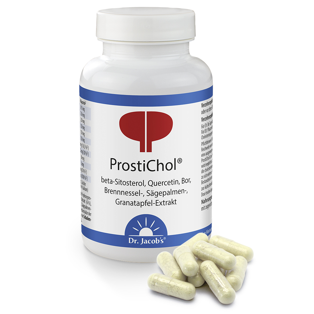 Dr. Jacob’s ProstiChol Nahrungsergänzungsmittel in einer weißen Plastikflasche mit blauem Etikett, mit Beta-Sitosterol, Quercetin, Bor und Pflanzenextrakten, begleitet von mehreren hellen Kapseln im Vordergrund.