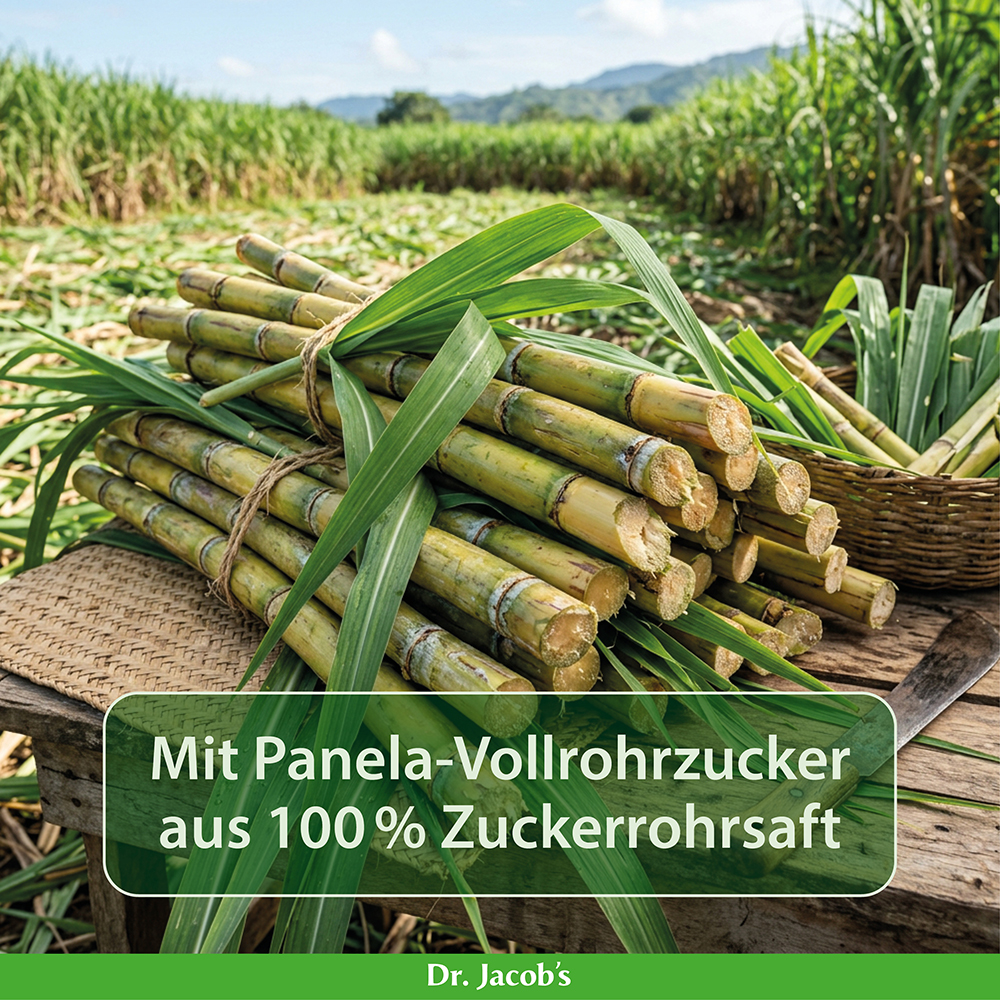 Ein Bündel frisch geernteter Zuckerrohrstängel liegt auf einem Holztisch auf einem Feld, mit einer Textüberlagerung, die besagt, dass das Produkt Panela-Vollrohrzucker enthält, der zu 100 Prozent aus Zuckerrohrsaft hergestellt wird und von Dr. Jacob’