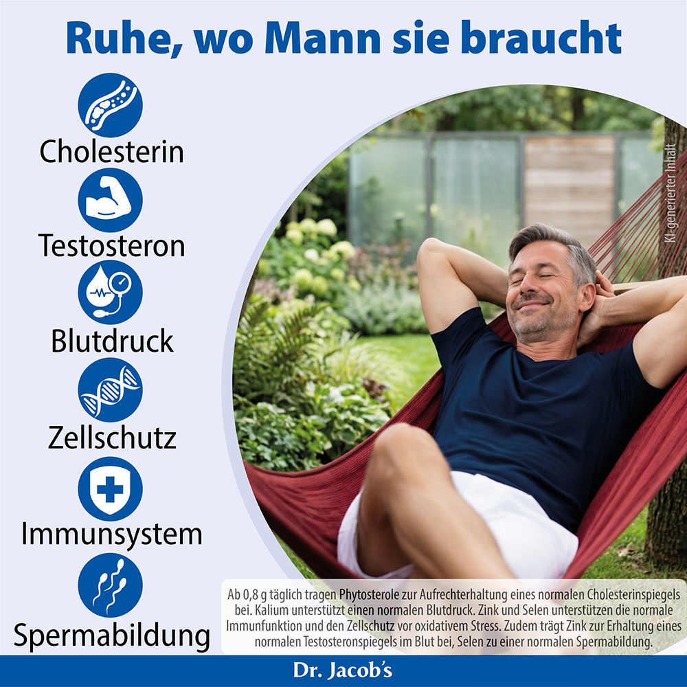 Infografik von Dr. Jacob zeigt einen Mann, der sich in einer Hängematte entspannt, mit Symbolen und Text, die gesundheitliche Vorteile für Cholesterin, Testosteron, Blutdruck, Zellschutz, Immunsystem und Spermienproduktion hervorheben.