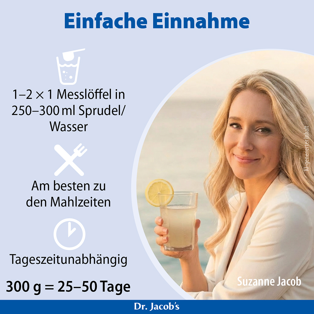 Infografik von Dr. Jacob's mit einfachen Zubereitungsanweisungen: 1–2 Messlöffel in 250–300 ml Wasser mischen, vorzugsweise zu den Mahlzeiten. Es wird darauf hingewiesen, dass das Produkt für jede Tageszeit geeignet ist und ein 300-g-Behälter 25–50 T
