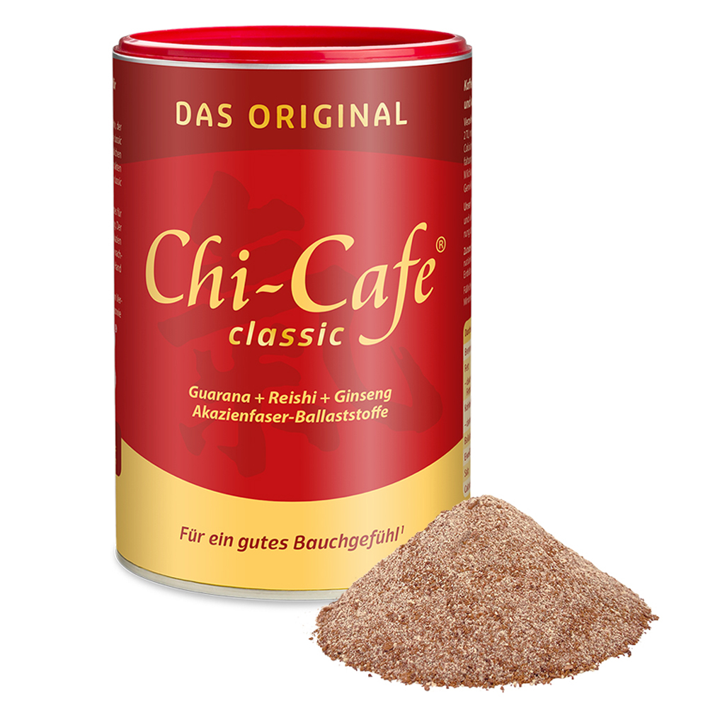 Dr. Jacob’s Chi-Cafe klassisches Kaffeegetränkepulver in einer rot-goldenen Dose mit Zutaten wie Guarana, Reishi, Ginseng und Akazienfasern, begleitet von einem kleinen Haufen braunem Kaffeepulver im Vordergrund.