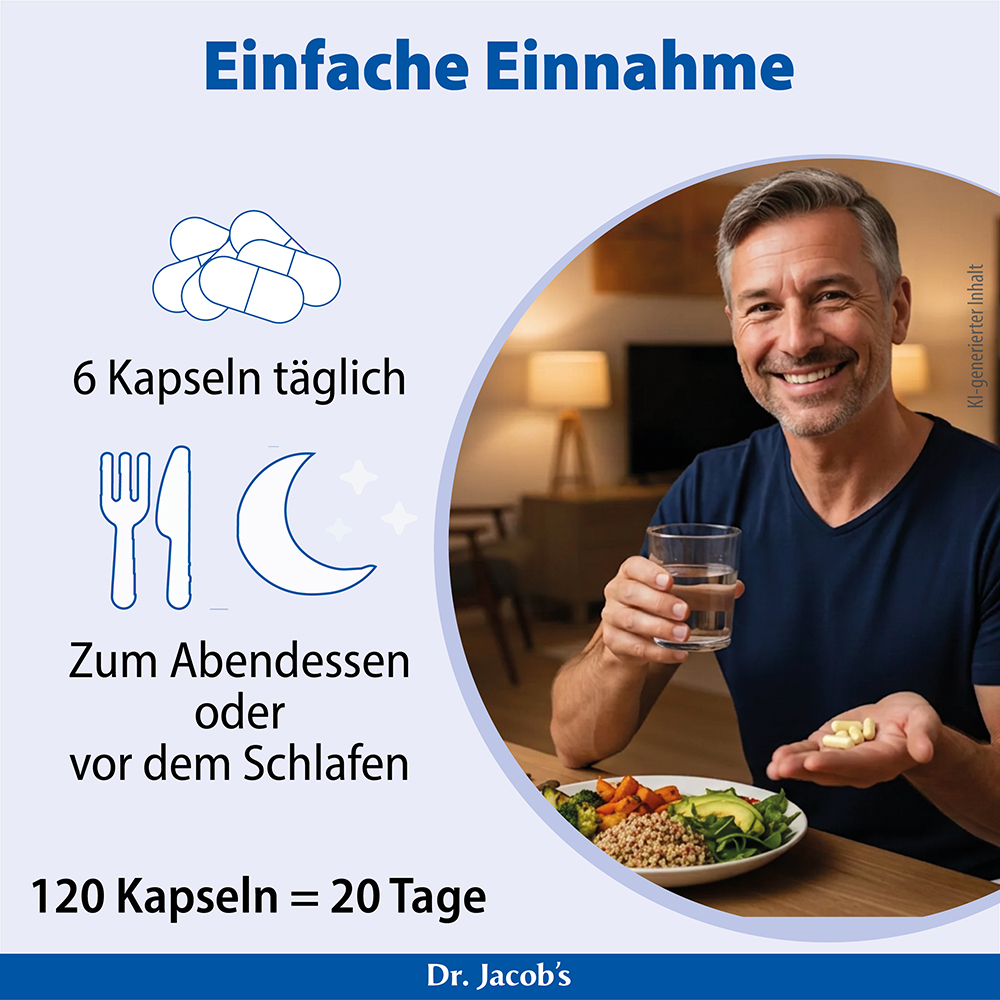 Infografik für Dr. Jacob's mit Einnahmehinweisen: 6 Kapseln täglich, zum Abendessen oder vor dem Schlafengehen. Ein Mann hält Kapseln und ein Glas Wasser neben einer Mahlzeit. Der Gesamtinhalt beträgt 120 Kapseln für 20 Tage.