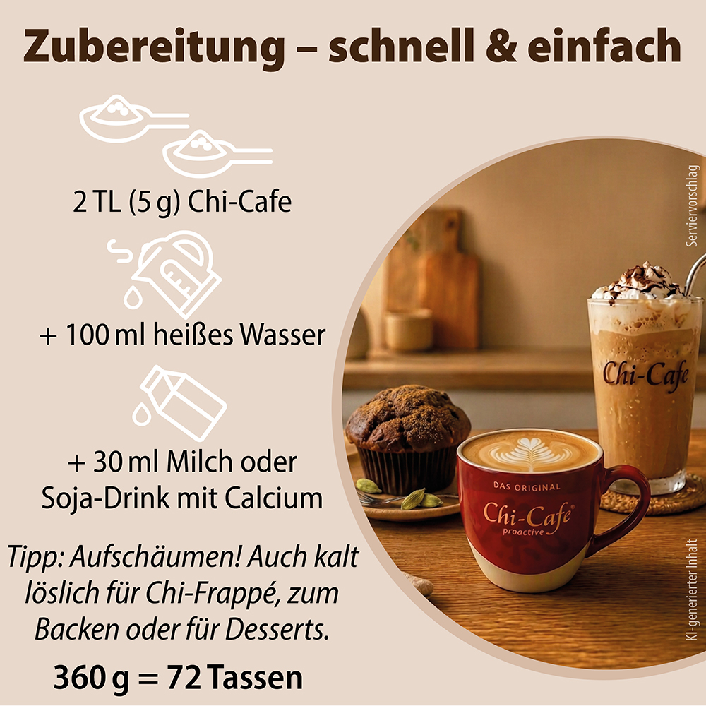 Infografik zur Zubereitung von Dr. Jacob’s Chi-Cafe: 2 Teelöffel Pulver mit 100 ml heißem Wasser und 30 ml Milch oder Sojadrink vermischen. Enthält Serviervorschläge für heißen Kaffee und kalten Frappé. 360 g ergeben 72 Tassen.
