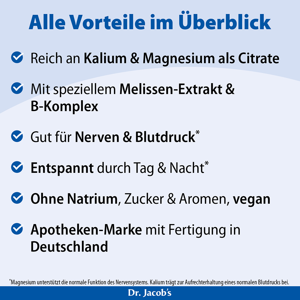 Infografik von Dr. Jacob mit Auflistung der Produktvorteile: reich an Kalium- und Magnesiumcitraten, Zitronenmelissenextrakt, B-Komplex, unterstützt Nerven und Blutdruck, vegan, frei von Natrium, Zucker und Aromastoffen, hergestellt in Deutschland.