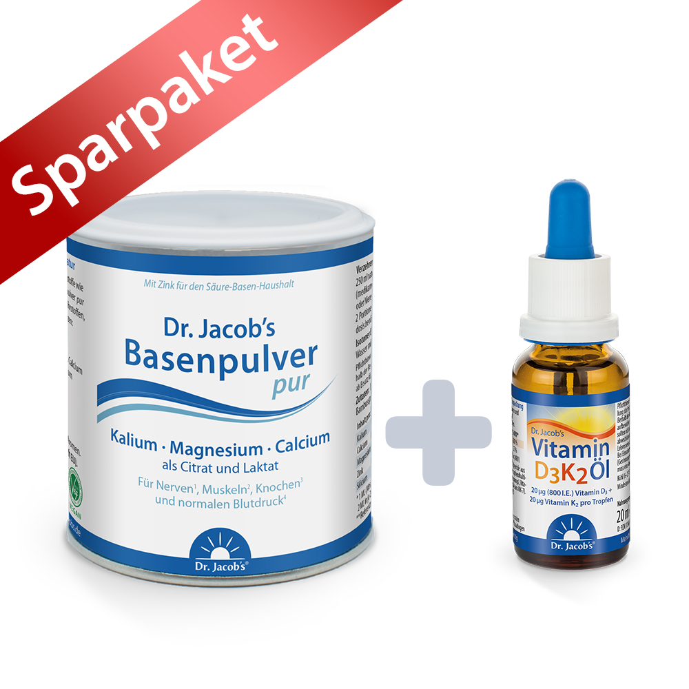 1 x Dr. Jacob’s Basenpulver pur + 1 x Dr. Jacob’s Vitamin D3K2 Öl