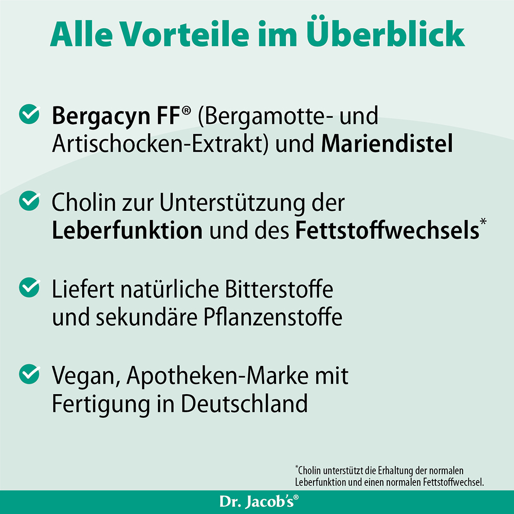 Info zu den Vorteilen von Bergacyn FF® mit Bergamotte- und Artischocken-Extrakt sowie Mariendistel. Enthält Informationen zu Cholin, Bitterstoffen und veganen Eigenschaften.