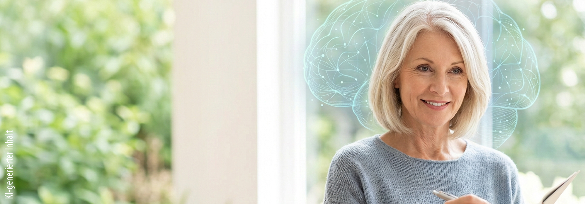 Eine lächelnde reife Frau mit grauem Haar schreibt in ein Notizbuch. Über dem Hintergrund liegt eine stilisierte, leuchtend blaue Grafik eines menschlichen Gehirns und eines neuronalen Netzwerks, die kognitive Gesundheit und geistige Klarheit symboli