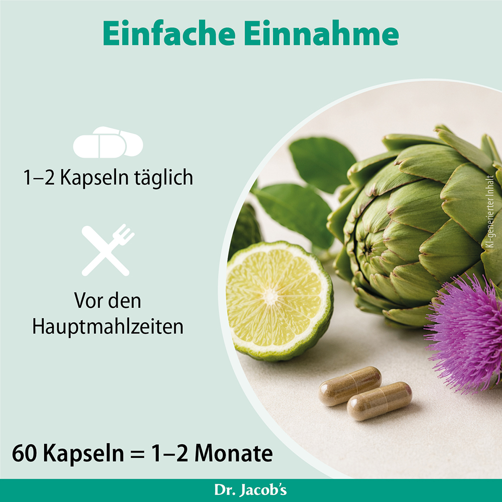 Infografik von Dr. Jacob’s mit Einnahmehinweisen: Täglich 1–2 Kapseln vor den Hauptmahlzeiten einnehmen. Das Bild umfasst eine Artischocke, eine Limettenscheibe, eine Mariendistelblüte und zwei Kapseln, wobei zu beachten ist, dass 60 Kapseln 1–2 Mona