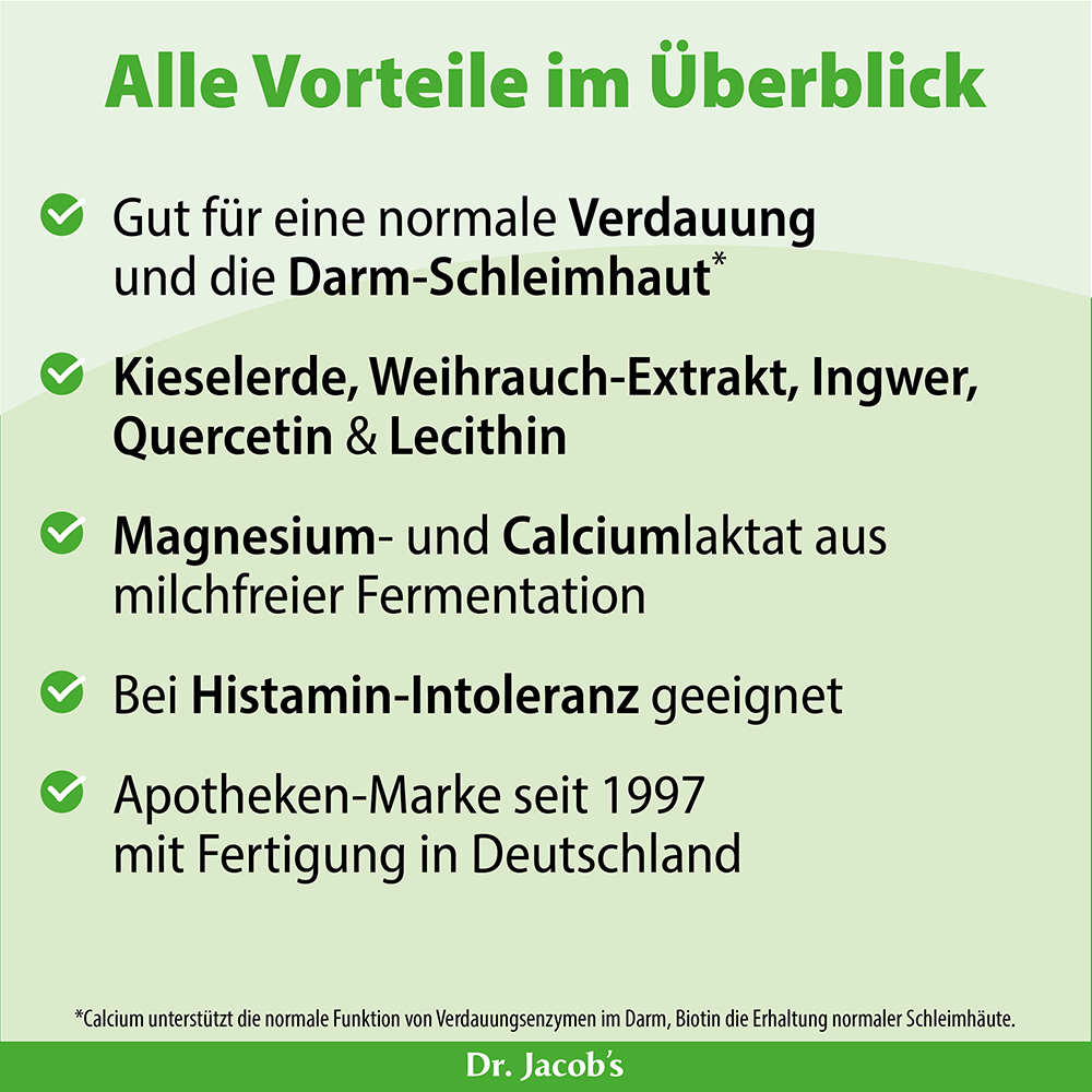 Infografik, die die Vorteile der Produkte von Dr. Jacob zusammenfasst und Inhaltsstoffe wie Magnesium, Calciumlactat und ihre Eignung bei Histaminintoleranz hervorhebt.