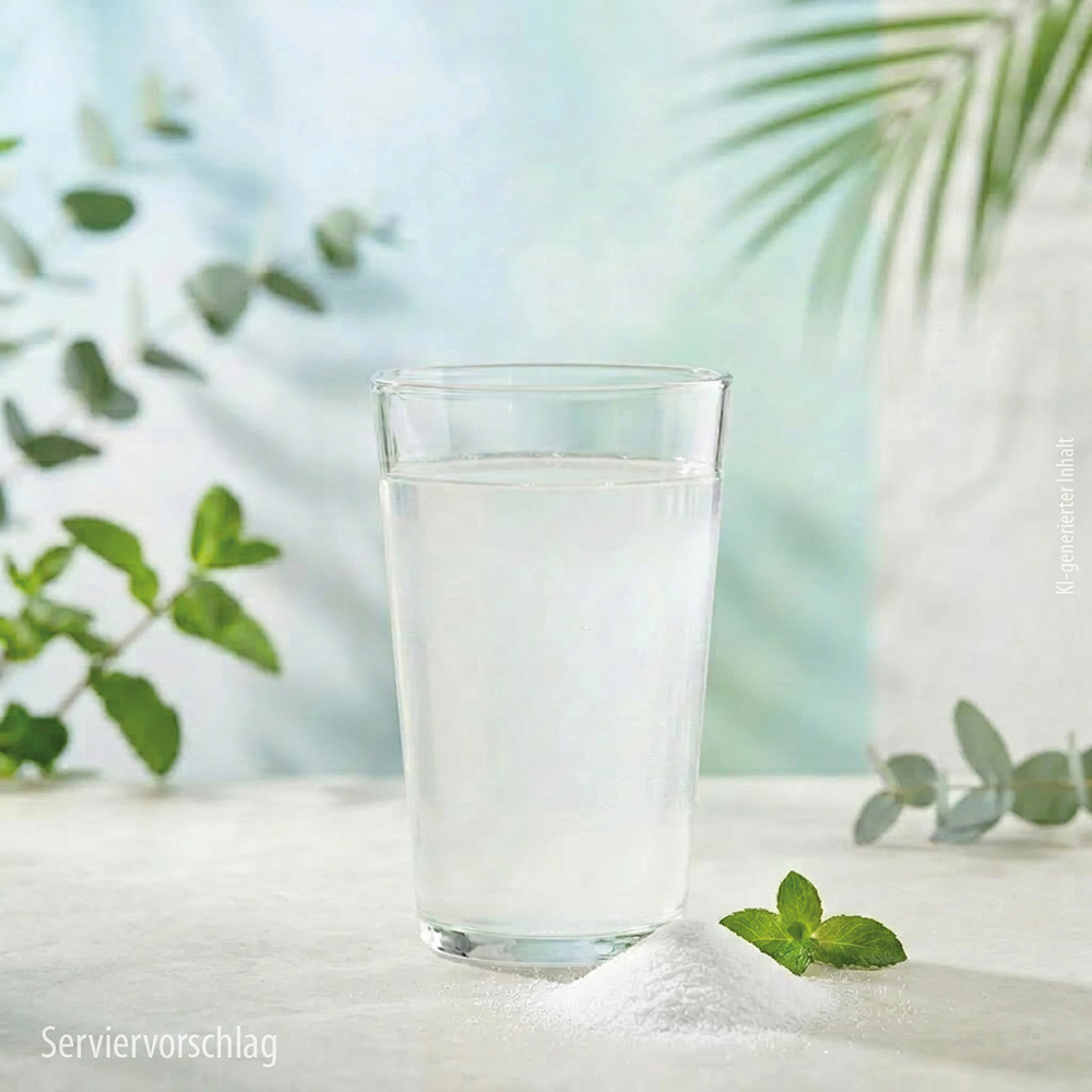 Ein mit klarer Flüssigkeit gefülltes Glas steht auf einer hellen Oberfläche neben einem kleinen Haufen weißen Pulvers und einem frischen Minzblatt, vor einem weichen, hellen Hintergrund mit verschwommenem grünem Blattwerk.