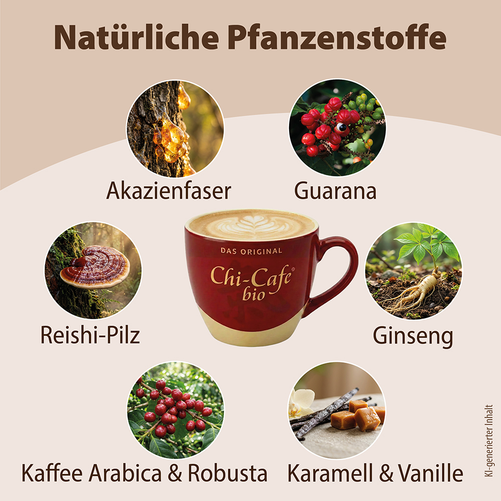Infografik mit natürlichen Inhaltsstoffen von Dr. Jacob’s Chi-Cafe Bio: Akazienfaser, Guarana, Reishi-Pilz, Ginseng, Arabica- und Robusta-Kaffee sowie Karamell und Vanille, zentriert um eine Tasse Kaffee.