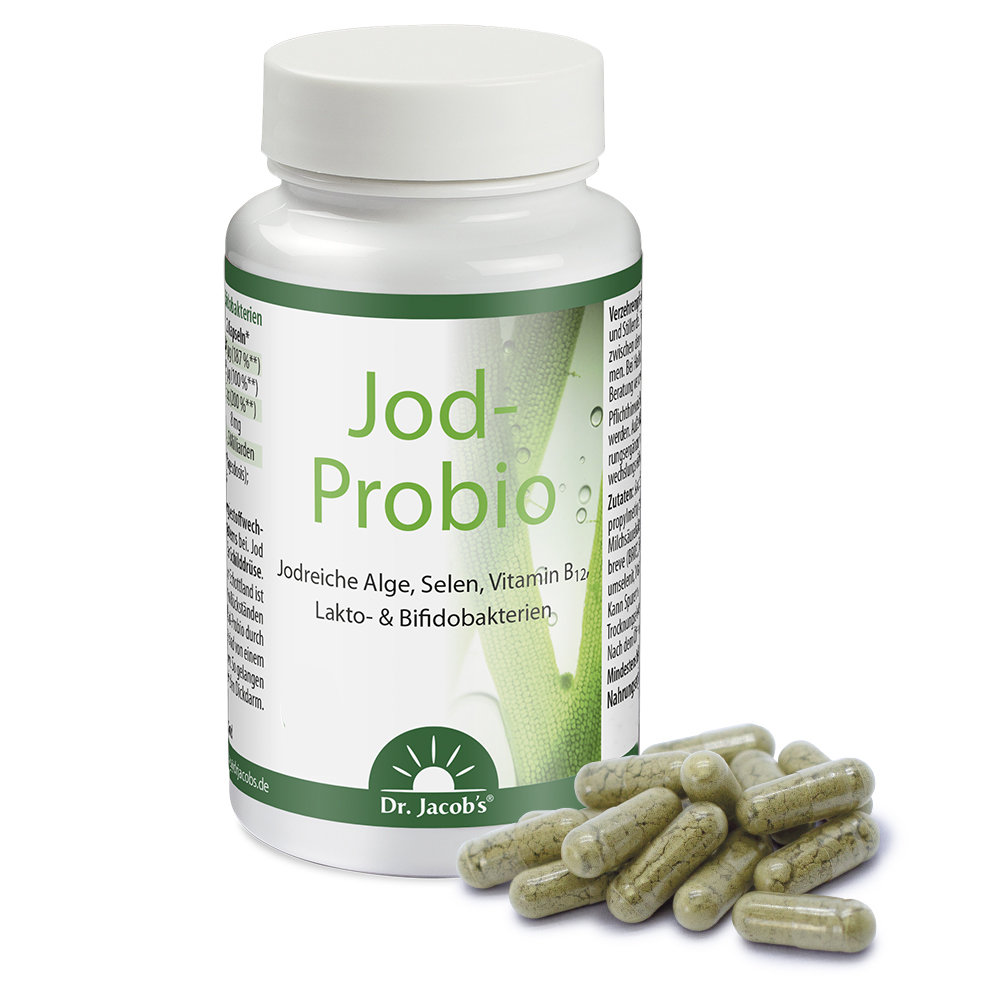 Dr. Jacob’s Jod-Probio – Nahrungsergänzungsmittel in einer weißen Flasche mit grünem Etikett, mit Kapseln auf der Vorderseite, die jodreiche Algen, Selen und Vitamin B12 hervorheben.