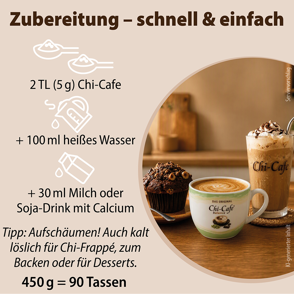 Infografik zur Zubereitung von Dr. Jacob's Chi-Cafe: 2 Teelöffel Pulver mit 100 ml heißem Wasser und 30 ml Milch oder Sojadrink vermischen. Das Bild zeigt außerdem eine Tasse Chi-Cafe Balance und ein Glas Eiskaffee mit einem Muffin.