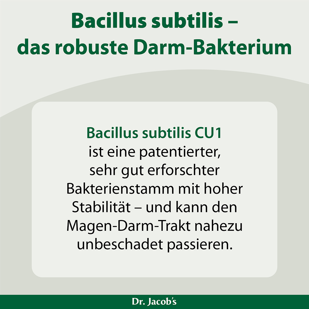 Infografik über Bacillus subtilis, die seine Robustheit als Darmbakterium und seinen patentierten Stamm CU1 hervorhebt, der für seine hohe Stabilität und die Fähigkeit bekannt ist, den Magen-Darm-Trakt unbeschadet zu passieren.