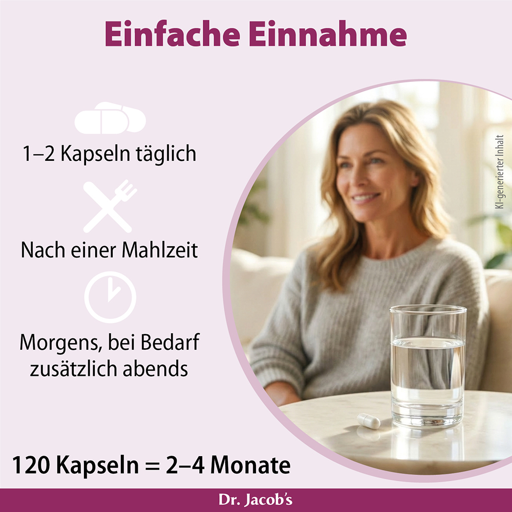 Infografik über die einfache Einnahme von Dr. Jacobs Produkt mit einer lächelnden Frau mit einem Glas Wasser und einer Kapsel auf einem Tisch. Zu den Anweisungen gehört die tägliche Einnahme von 1–2 Kapseln nach den Mahlzeiten, bei Bedarf zusätzlich 