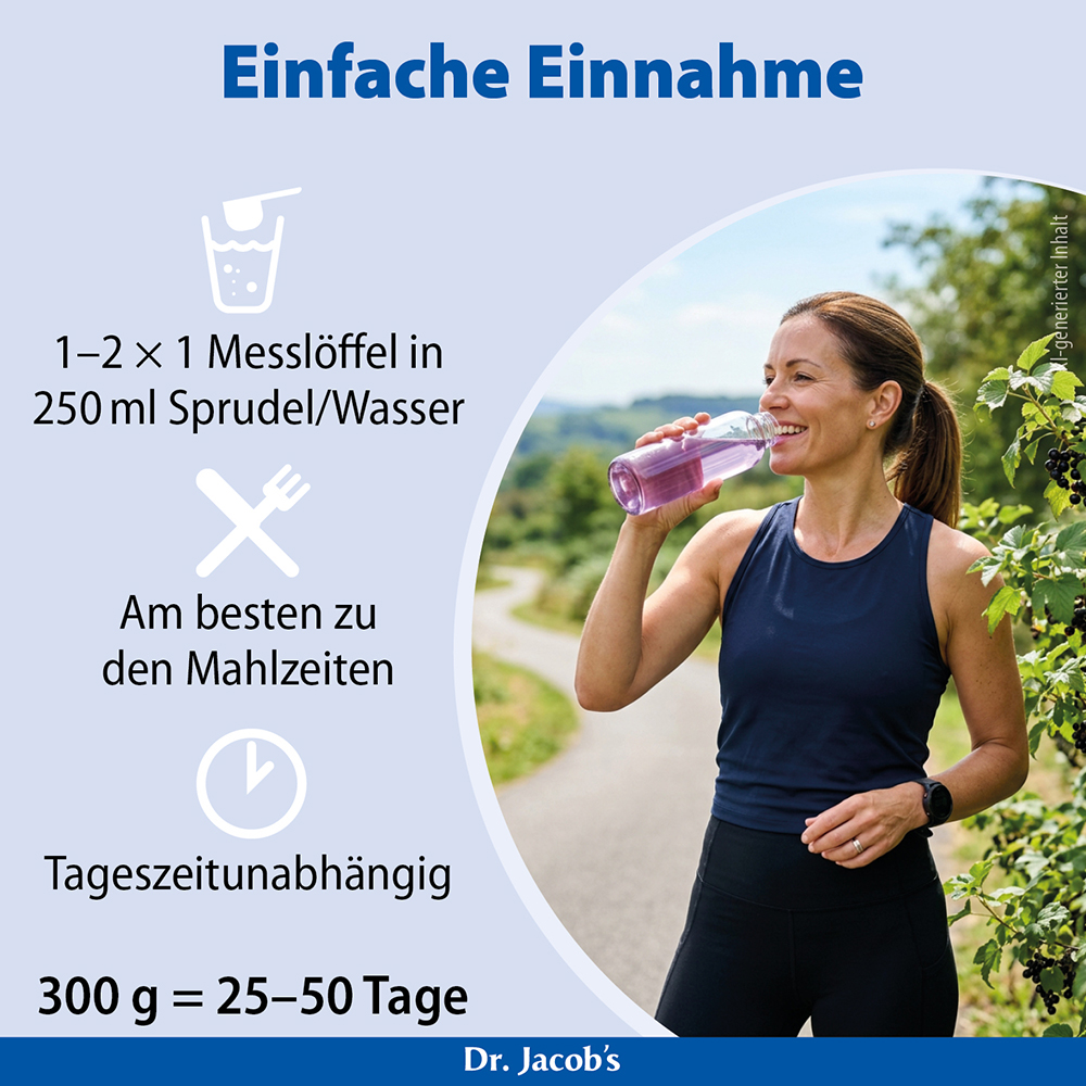 Infografik, die die Zubereitung und Verwendung von Dr. Jacob’s Pulver zeigt: 1–2 Messlöffel in 250 ml Wasser mischen, zu den Mahlzeiten einnehmen, zeitlich flexibel, und 300 g ergeben 25–50 Portionen. Eine Frau trinkt das zubereitete Getränk draußen 