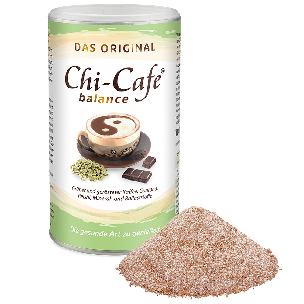 Dr. Jacob’s Chi-Cafe Balance Kaffeegetränkepulver in einer runden Dose, begleitet von einem kleinen Haufen des braunen Pulvers im Vordergrund. Die Verpackung enthält eine Tasse Kaffee, grüne Kaffeebohnen und dunkle Schokoladenstücke.