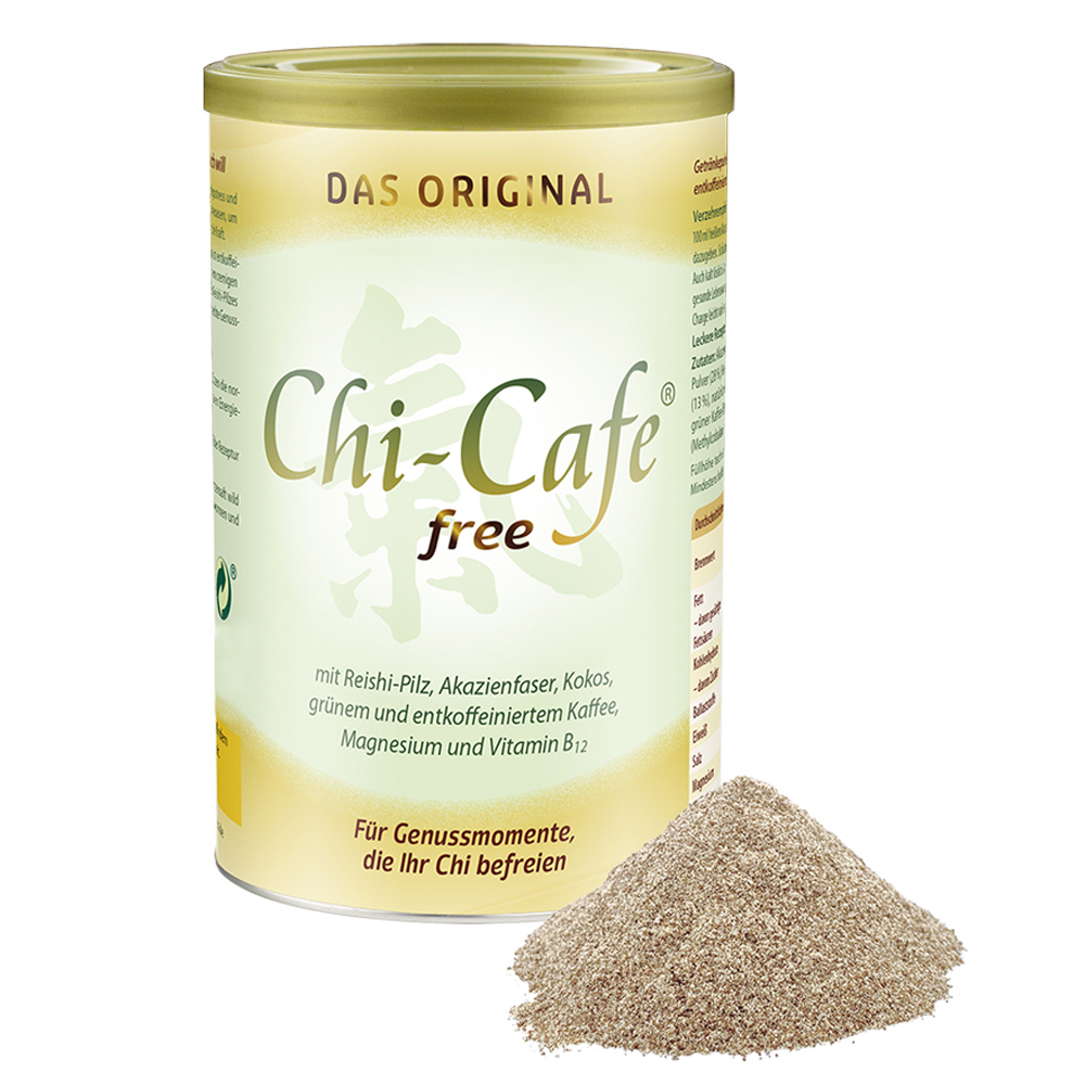 Dr. Jacob’s Chi-Cafe free, ein alternatives Kaffeepulver in einer Dose mit Zutaten wie Reishi-Pilz, Akazienfaser, Kokosnuss, grünem Kaffee, Magnesium und Vitamin B12, begleitet von einem kleinen Haufen Pulver im Vordergrund.