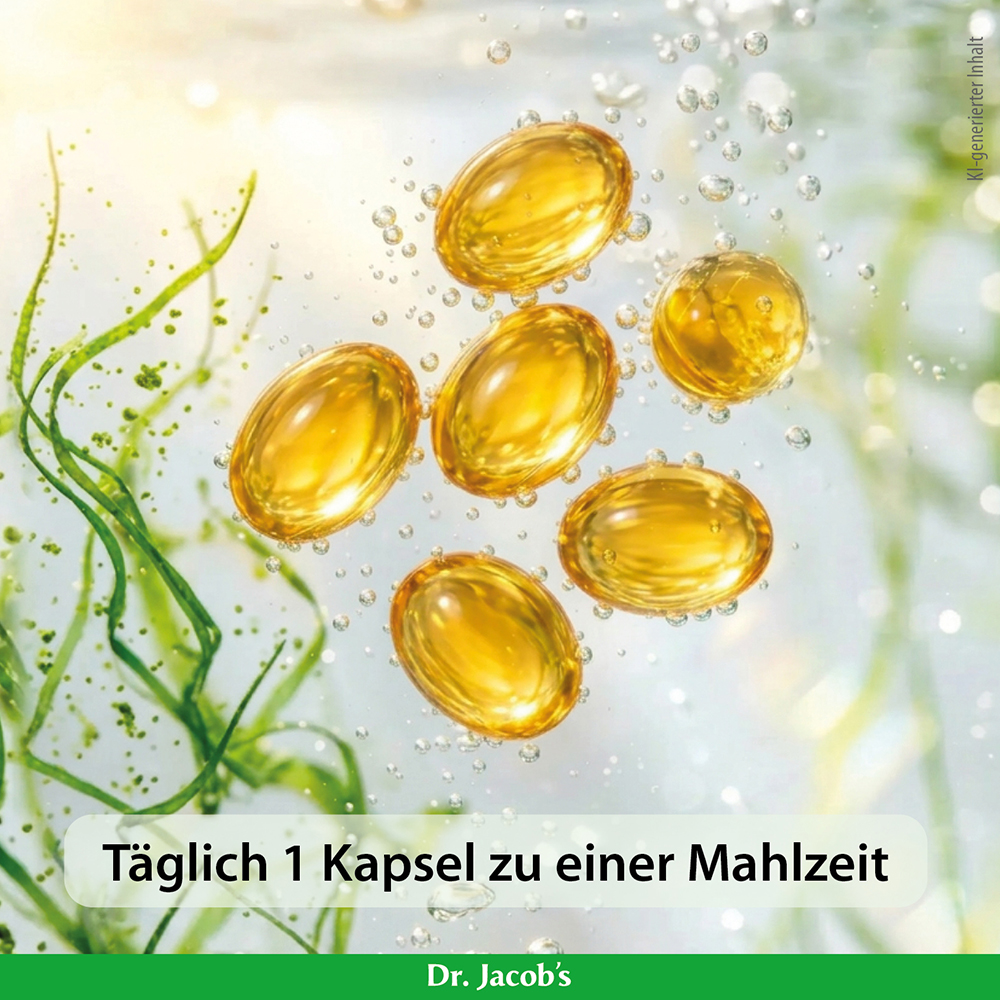 Detailaufnahme von Dr. Jacob’s Kapseln in gelber Farbe, umgeben von Wasserblasen und grünen Algen. Hinweis: Täglich 1 Kapsel zu einer Mahlzeit.