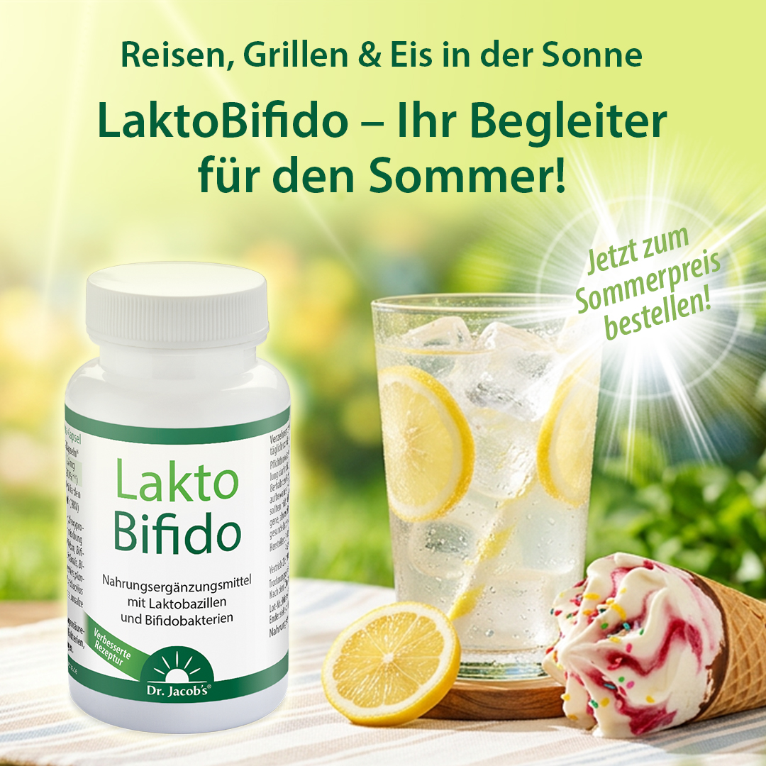 Dr. Jacob’s LaktoBifido – Nahrungsergänzungsmittel mit Laktobazillen und Bifidobakterien in einer weißen Flasche, im Hintergrund ein Glas mit Limonade und Eiscreme.